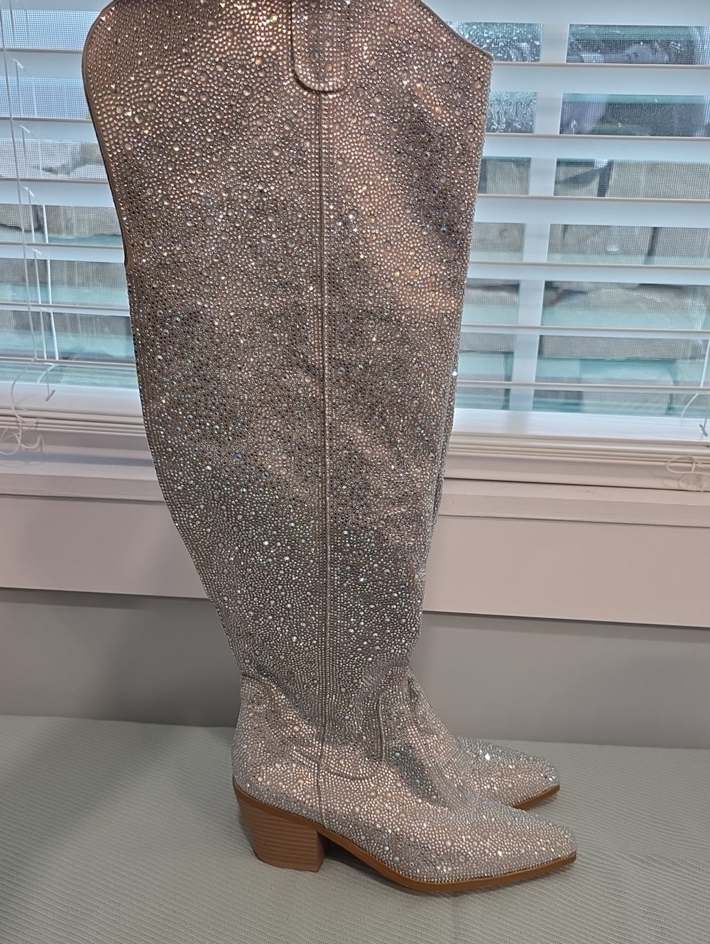 Crystal-Embellished Over-the-Knee Boots in Silver